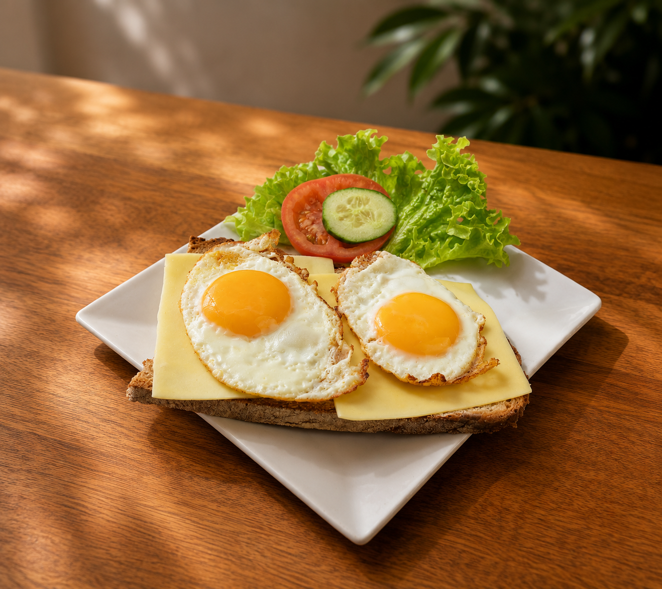 Ein frisches Brot belegt mit Gouda und Spiegelei