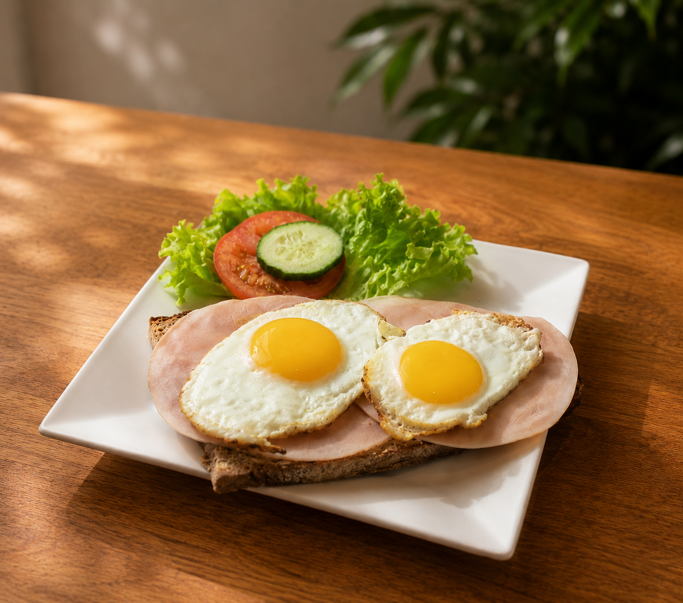 Ein frisches Brot belegt mit Kochschinken und Spiegelei